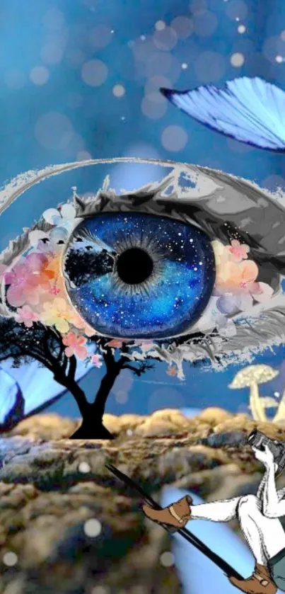 Surreal cosmic eye landscape with butterflies on a blue night sky wallpaper.