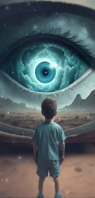 Surreal landscape with a giant eye watching over a child, in fantasy style.