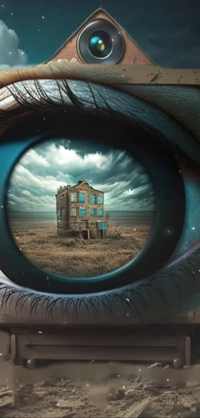 Surreal wallpaper with eye and landscape, artistic and mysterious.