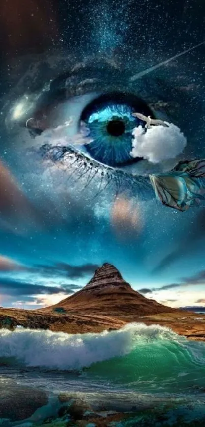 Surreal eye overlooking a mountain landscape with vibrant colors.