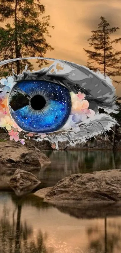 Surreal eye in nature landscape mobile wallpaper.