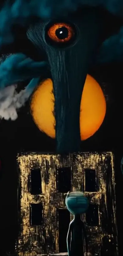 Surreal nightscape with eye above landscape, dark and mystical.