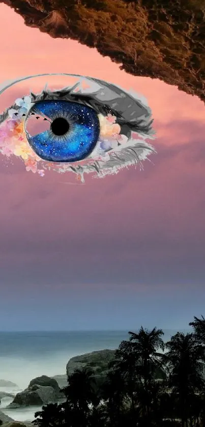 Surreal eye art over ocean at sunset with rocks.