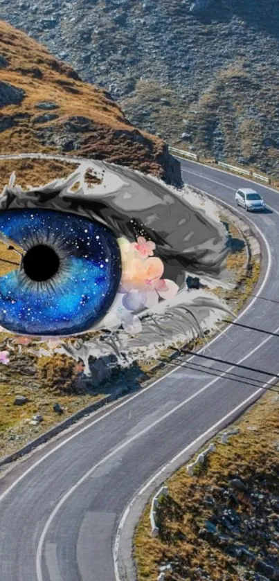 A surreal mobile wallpaper with a cosmic eye overlooking a winding mountain road.