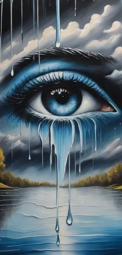 Surreal blue eye crying over a lake with clouds and trees in the background.