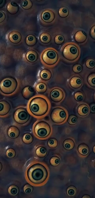 Surreal pattern with multiple eye-like designs on a brown background.