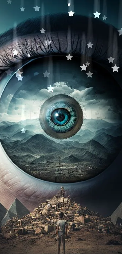 Surreal wallpaper with a giant eye atop pyramids, exuding mystery and fantasy.