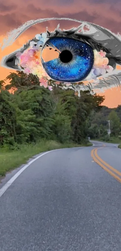 Surreal eye illustration over scenic road at sunset.