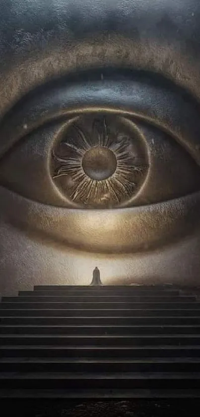 Surreal eye above staircase scene on mobile wallpaper.