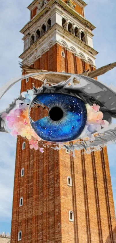 Surreal cosmic eye over historic tower in artistic mobile wallpaper.