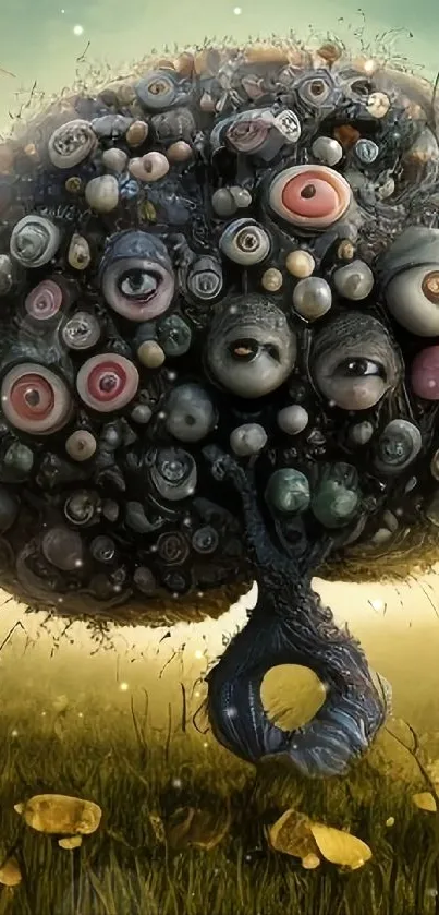 Surreal tree with eye-like structures on a dreamy background.