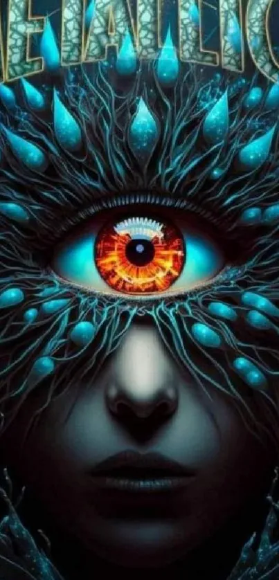 Surreal art wallpaper with a central eye and dark teal tones.