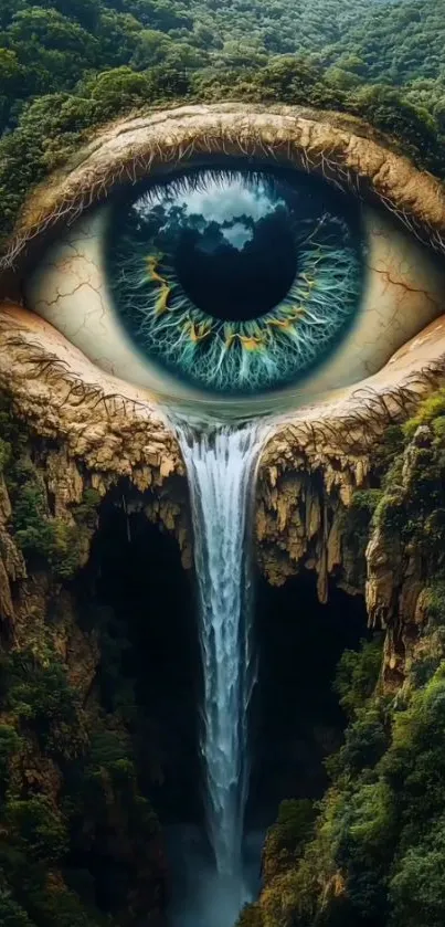 Surreal eye transforming into a waterfall amid forest greenery.