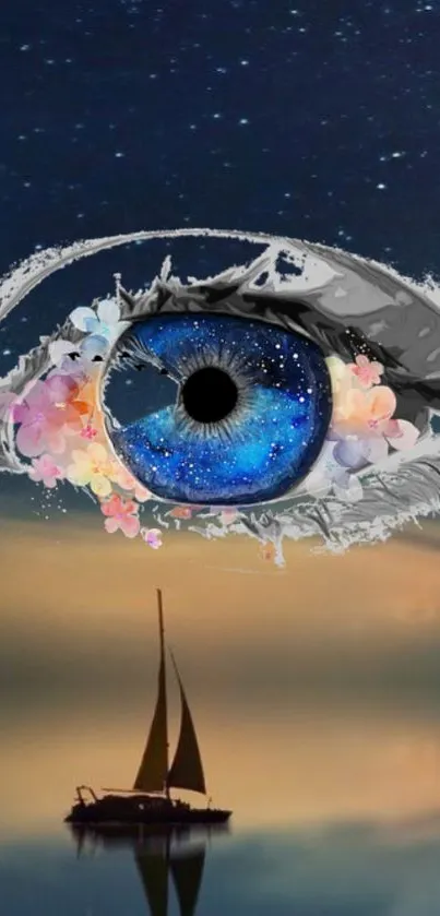 Surreal eye with flowers overlooks a sailboat under a starry night sky.