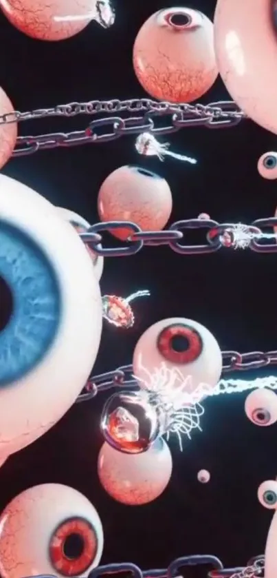 Surreal wallpaper with floating eyeballs and chains.