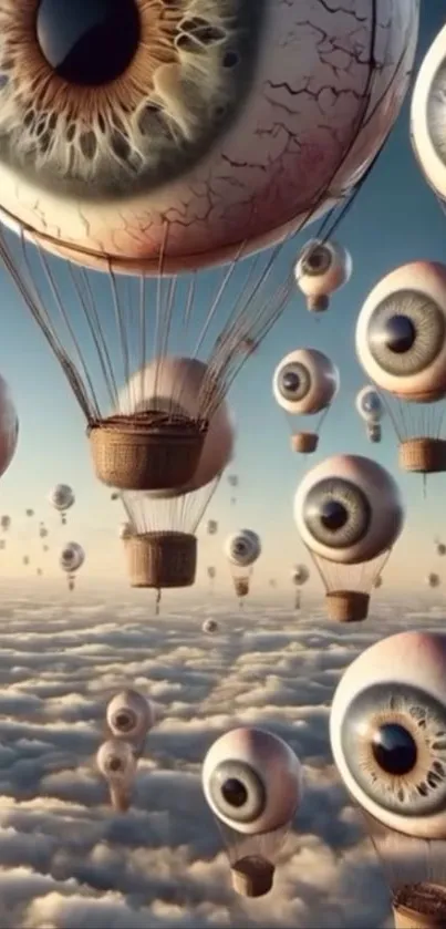 Surreal hot air balloons shaped like eyes float above the clouds in a dreamlike sky.