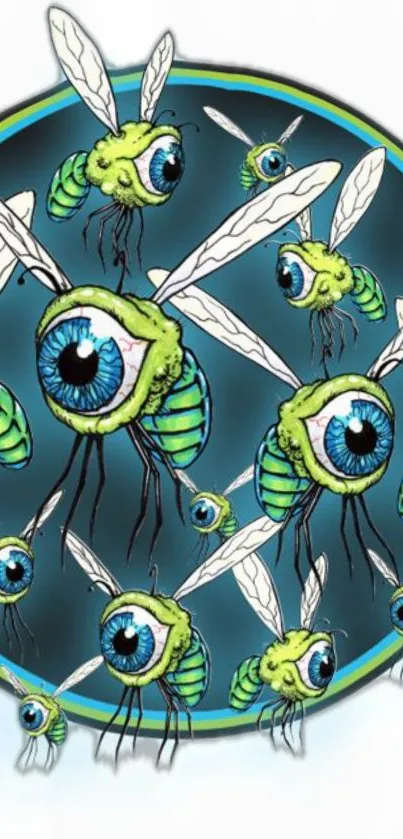 Surreal wallpaper with green-eyed flying insects.