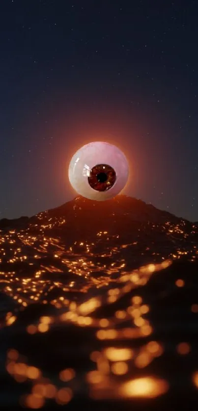 Glowing eyeball over dark, sparkling ocean under starry sky.