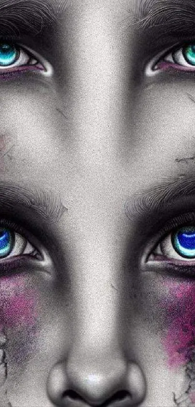 Surreal wallpaper with vibrant blue eyes on a textured face.