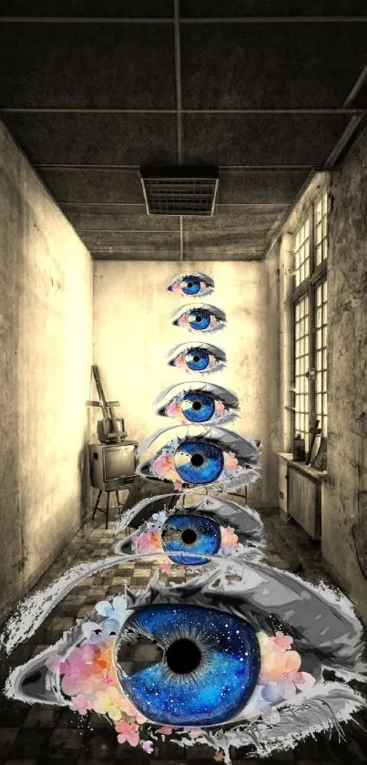 Surreal eyes in cosmic vintage hallway wallpaper.