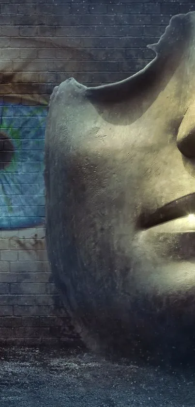 Surreal art wallpaper with glowing face and eye on a brick wall.