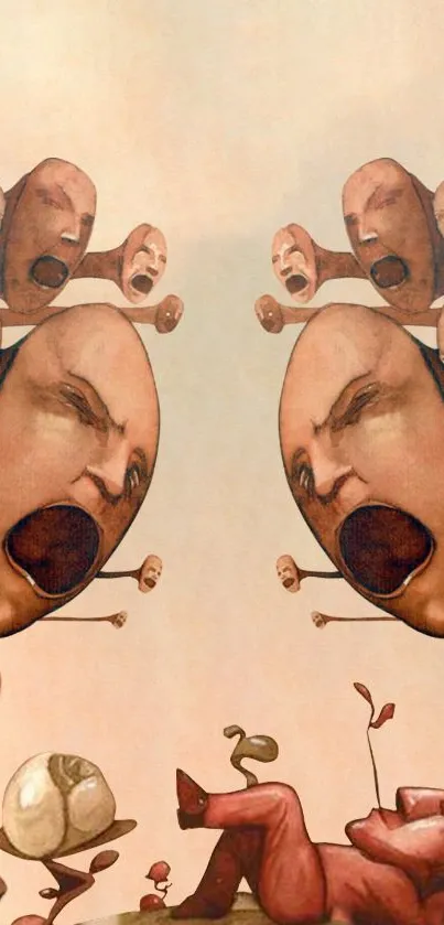 Surreal wallpaper featuring expressive faces in artistic design.