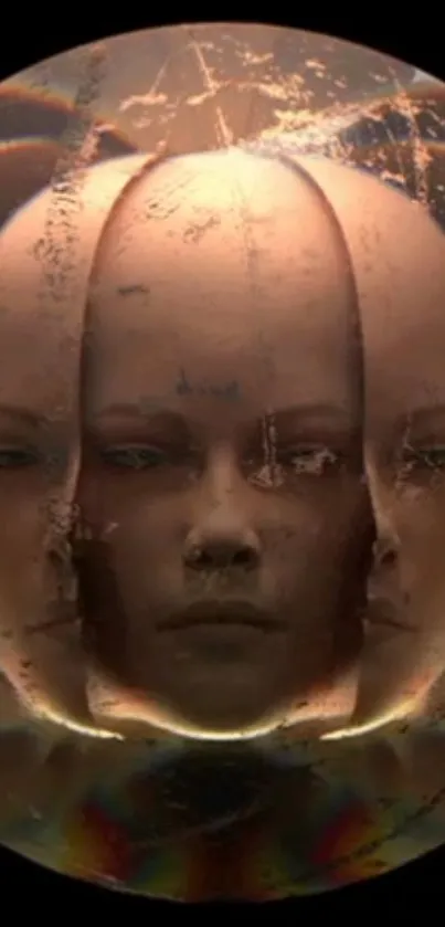 Surreal artwork of faces within a glass sphere, creating a unique visual effect.