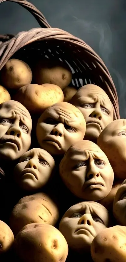 Surreal potatoes with human faces in a basket.