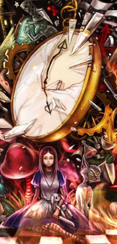 Surreal fantasy adventure wallpaper with clock and mystical characters.