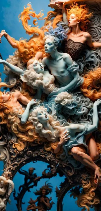 Surreal fantasy art wallpaper with ethereal figures and vibrant colors.