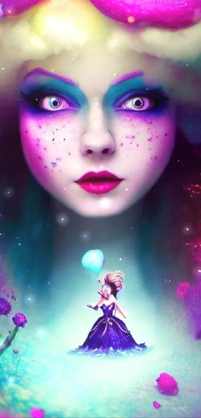 Surreal fantasy wallpaper with vibrant colors and mystical face art.