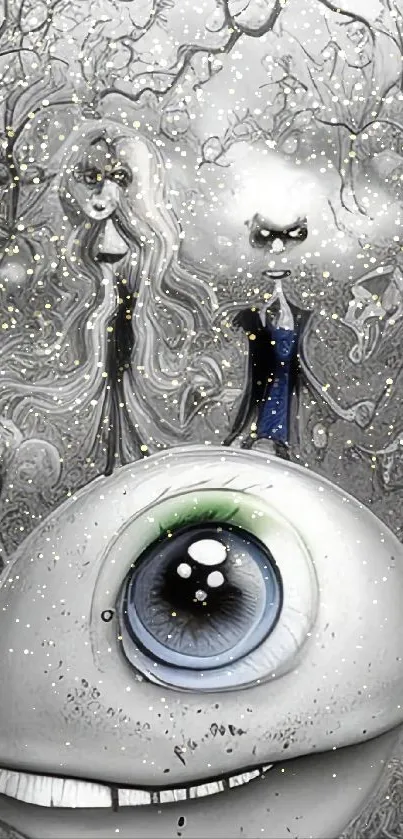 Surreal art wallpaper with whimsical characters and an eye illustration.