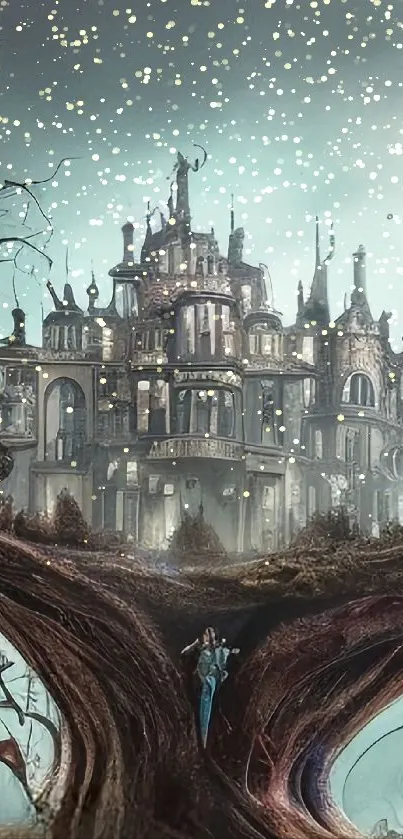 Fantasy castle art with surreal roots and a mystical atmosphere.