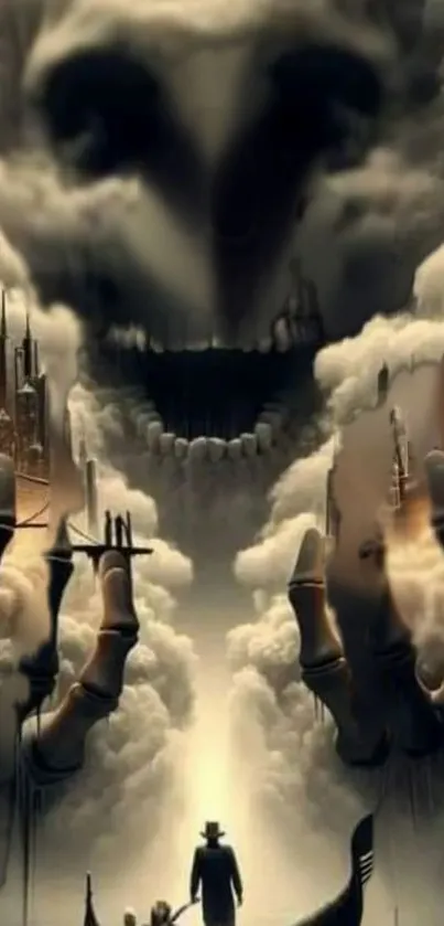 Surreal cityscape with hands and clouds in fantasy art.