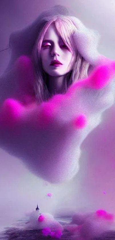 Fantasy female face in pink and purple clouds wallpaper.