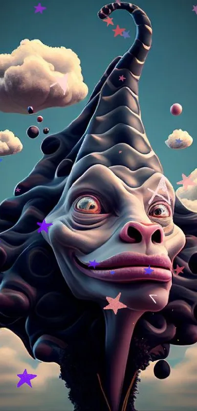 Whimsical creature with floating clouds in surreal fantasy landscape.