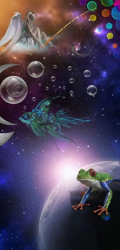 Surreal fantasy wallpaper with frog and cosmic elements.