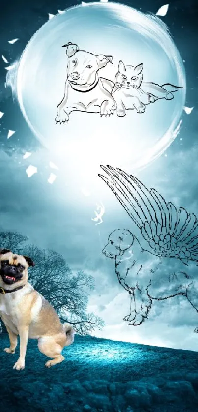 Surreal wallpaper with a dog and celestial designs under a glowing moon.