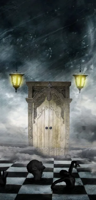 Surreal fantasy wallpaper with door and eerie chessboard under ethereal sky.