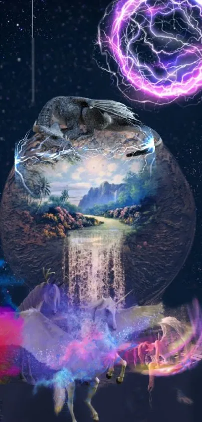 Surreal dreamscape wallpaper with mythical creatures and cosmic elements.