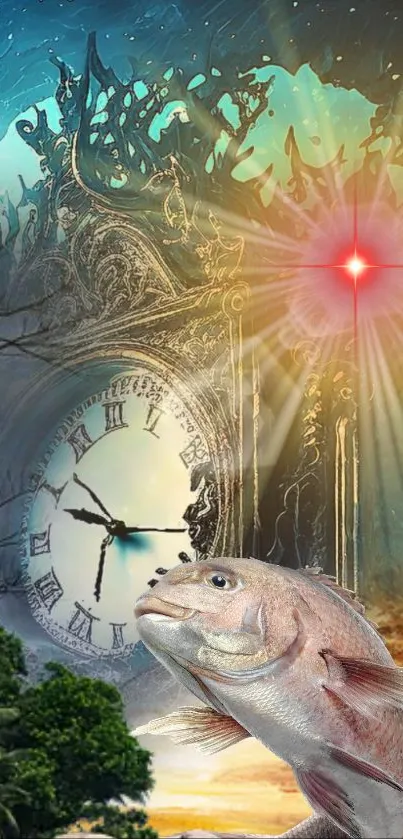 Surreal dreamscape wallpaper with a mystical clock and oceanic elements.