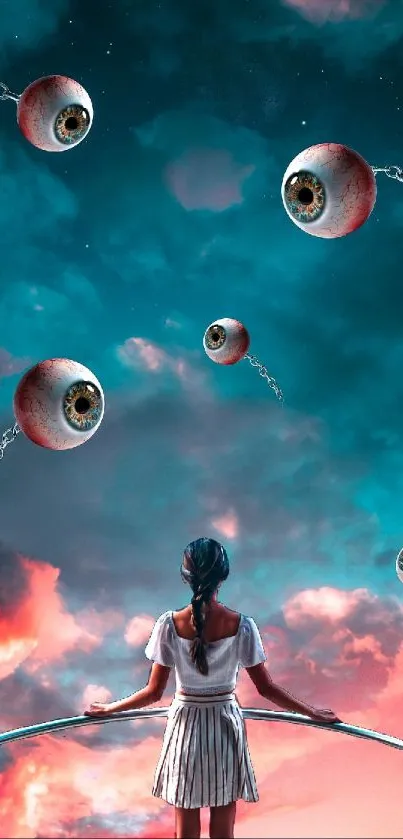 Woman gazes at floating eyeballs in surreal sky.