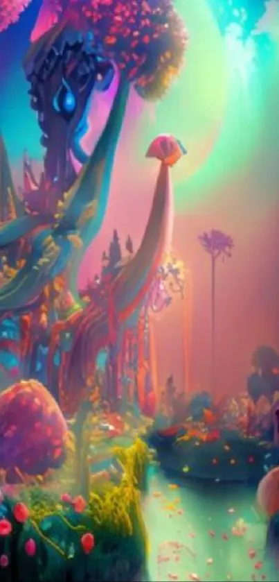 Surreal fantasy landscape with vibrant colors and dreamlike elements.