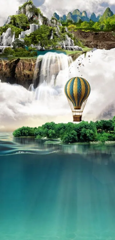 Fantasy wallpaper with waterfall, hot air balloon, and azure waters.