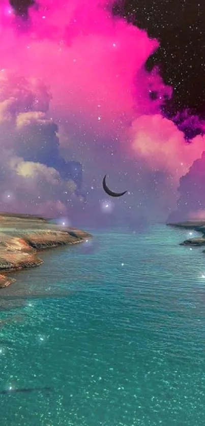 Surreal landscape with pink clouds and teal water under a starry sky