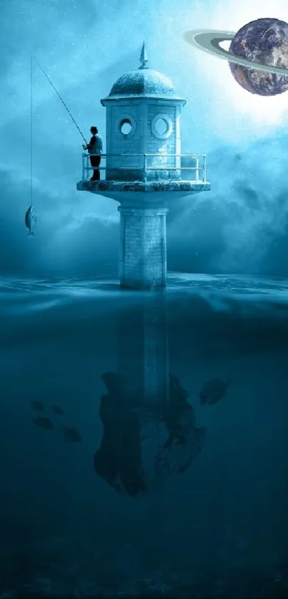 Surreal art with a lighthouse and a cosmic planet in a fantasy setting.