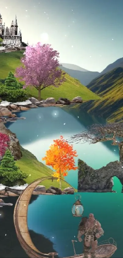 Surreal fantasy landscape with colorful trees and a mystical figure by a teal lake.