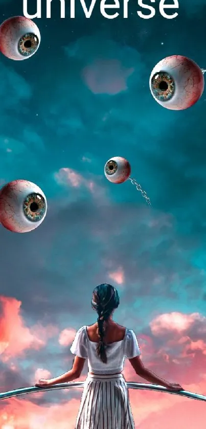 Surreal fantasy wallpaper with sky and floating eyes.