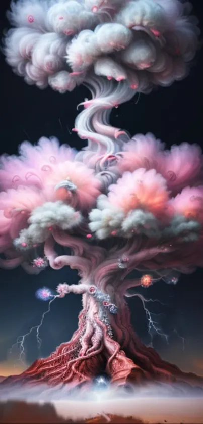 Surreal tree with pink clouds and lightning.