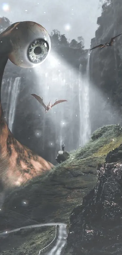 Surreal creature with an eye in a fantasy landscape by a waterfall.